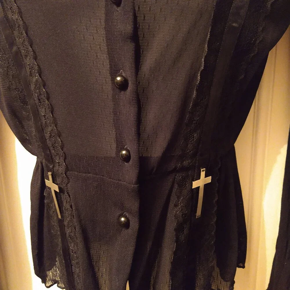 Vintage Lace Blouse w Metal Crosses, Ruffled Collar & Cuffs, Polka Dots OOAK - Picture 8 of 8